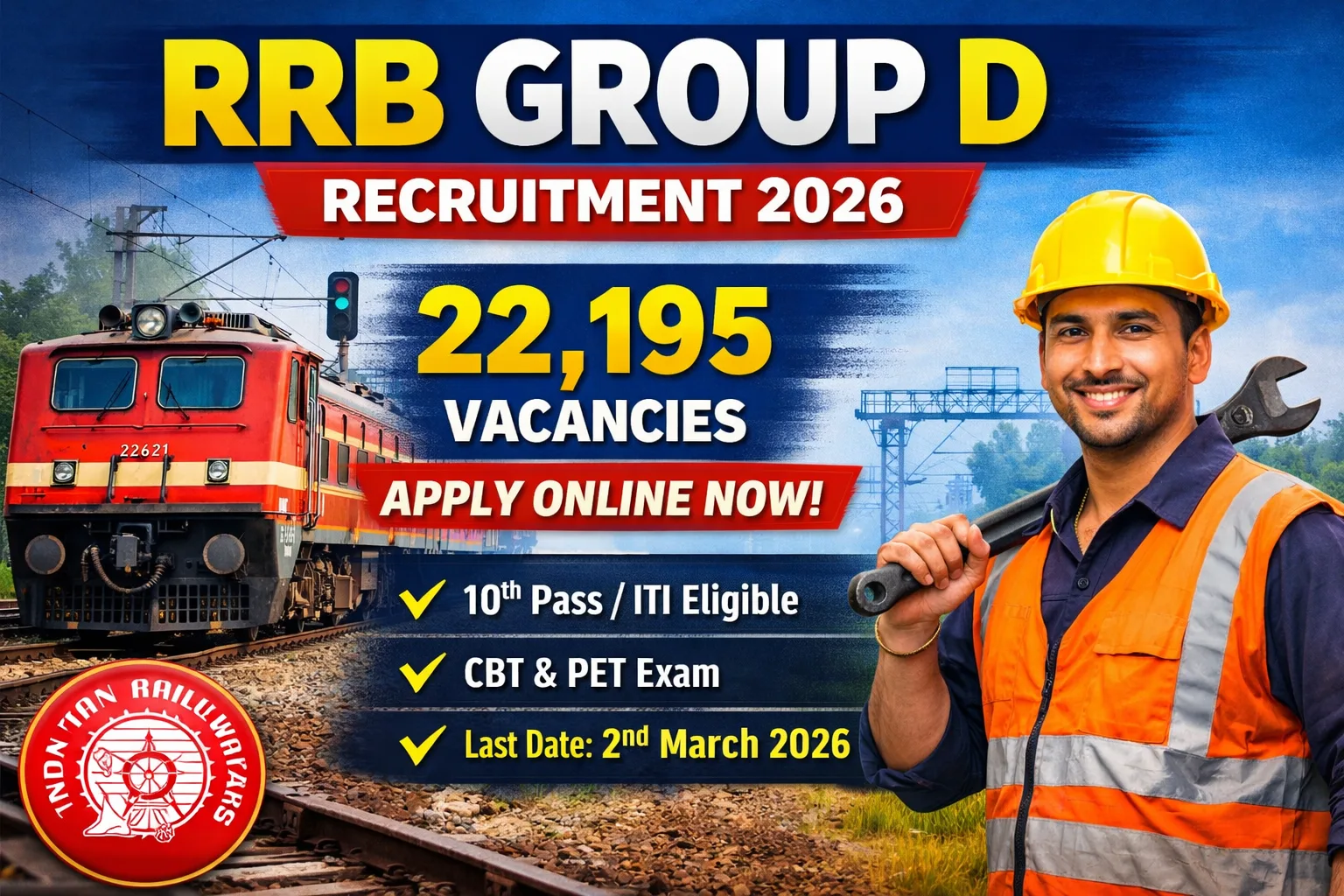 RRB Group D Recruitment 2026 – 22,195 Level 1 Posts | Apply Online